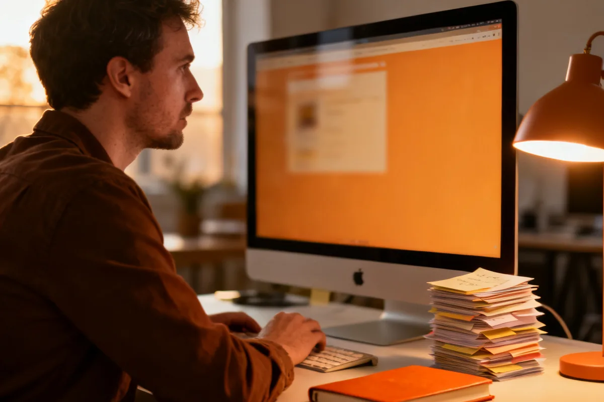 A marketing strategist in a warm-lit workspace reviewing accumulated market intelligence, a growing stack of ordered notes beside them — data compounding into sharper decisions over time.