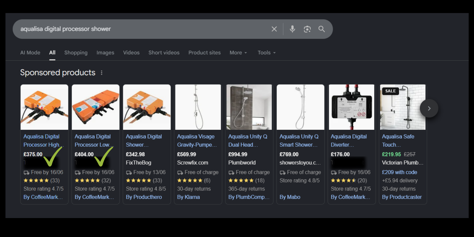A Google search for aqualisa digital shower processor showing our client winning the top shopping results