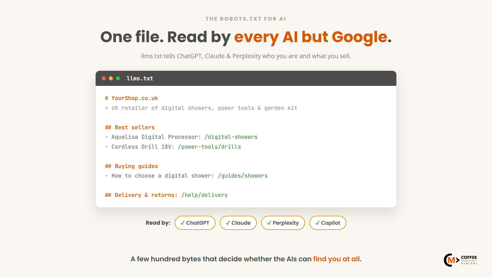 A plain-text llms.txt file open in a code editor alongside a ChatGPT product recommendation result