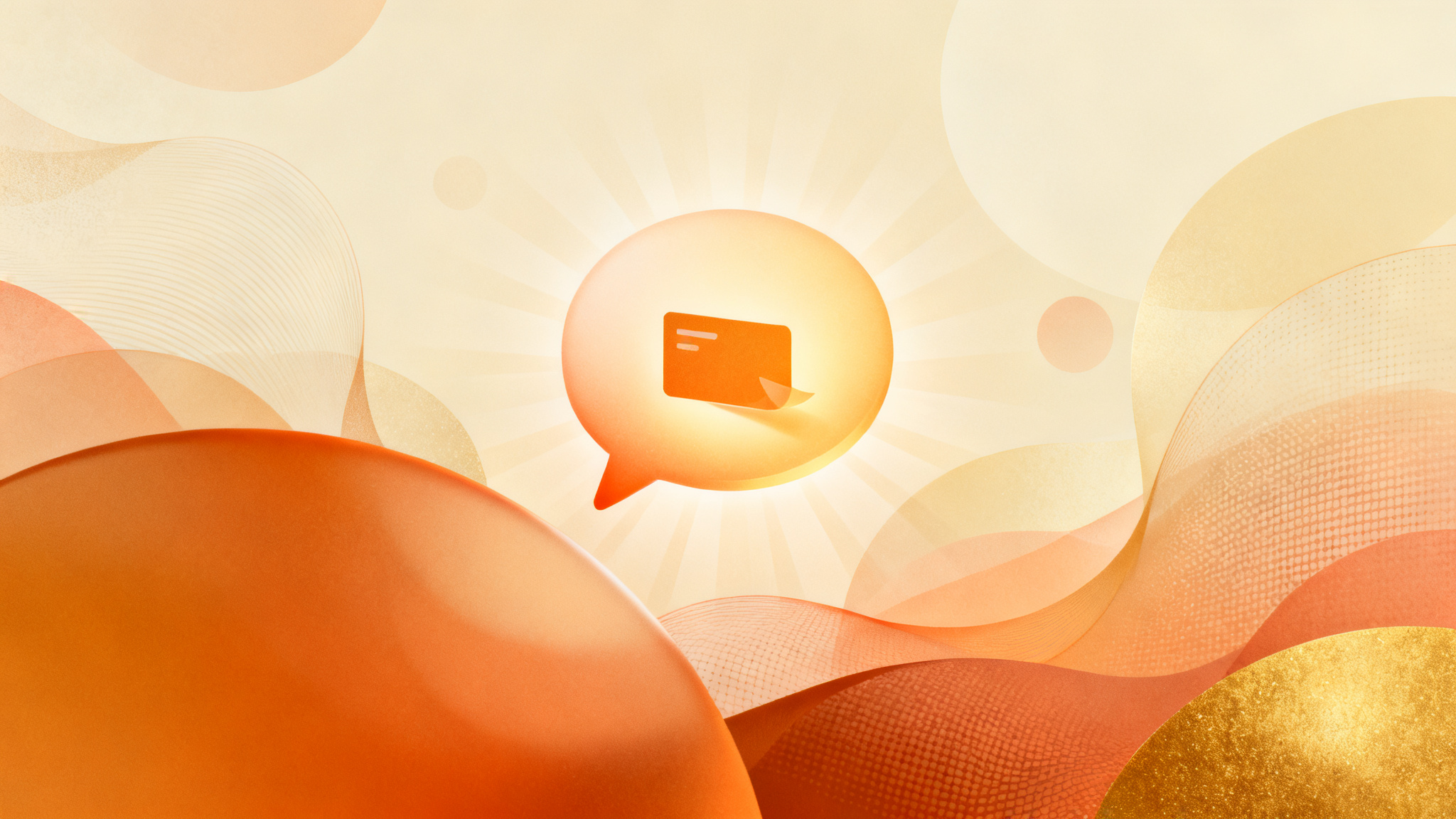A warm abstract illustration of a sponsored ad card glowing inside an AI conversation bubble