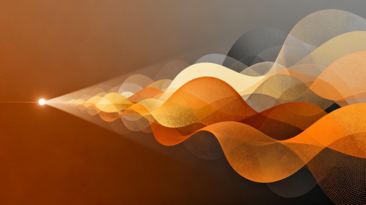 A single bright point of light on the left widening into a broad, connected landscape of warm overlapping shapes