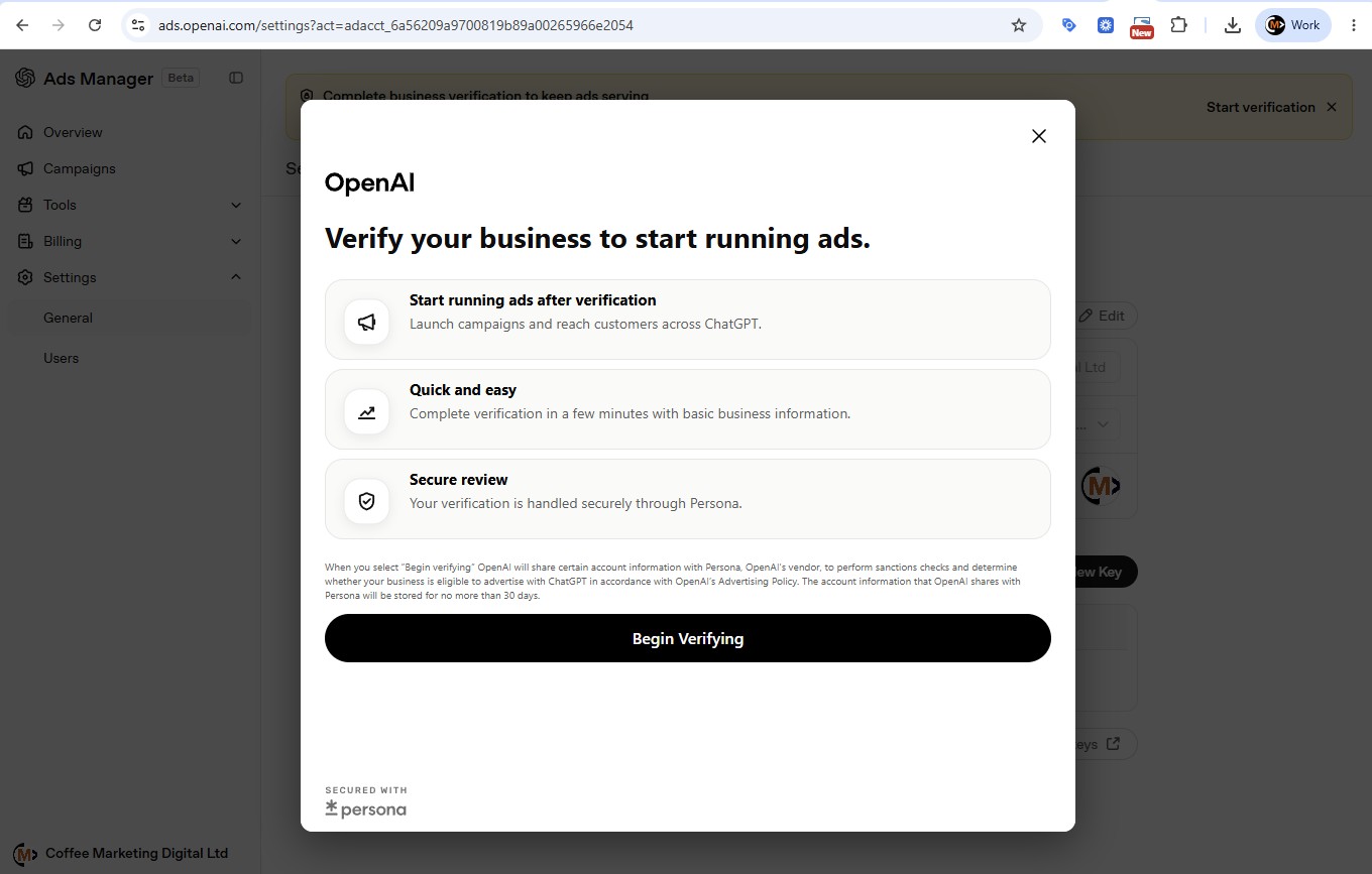 OpenAI's business verification screen, powered by Persona, explaining that verification is required before ads can run
