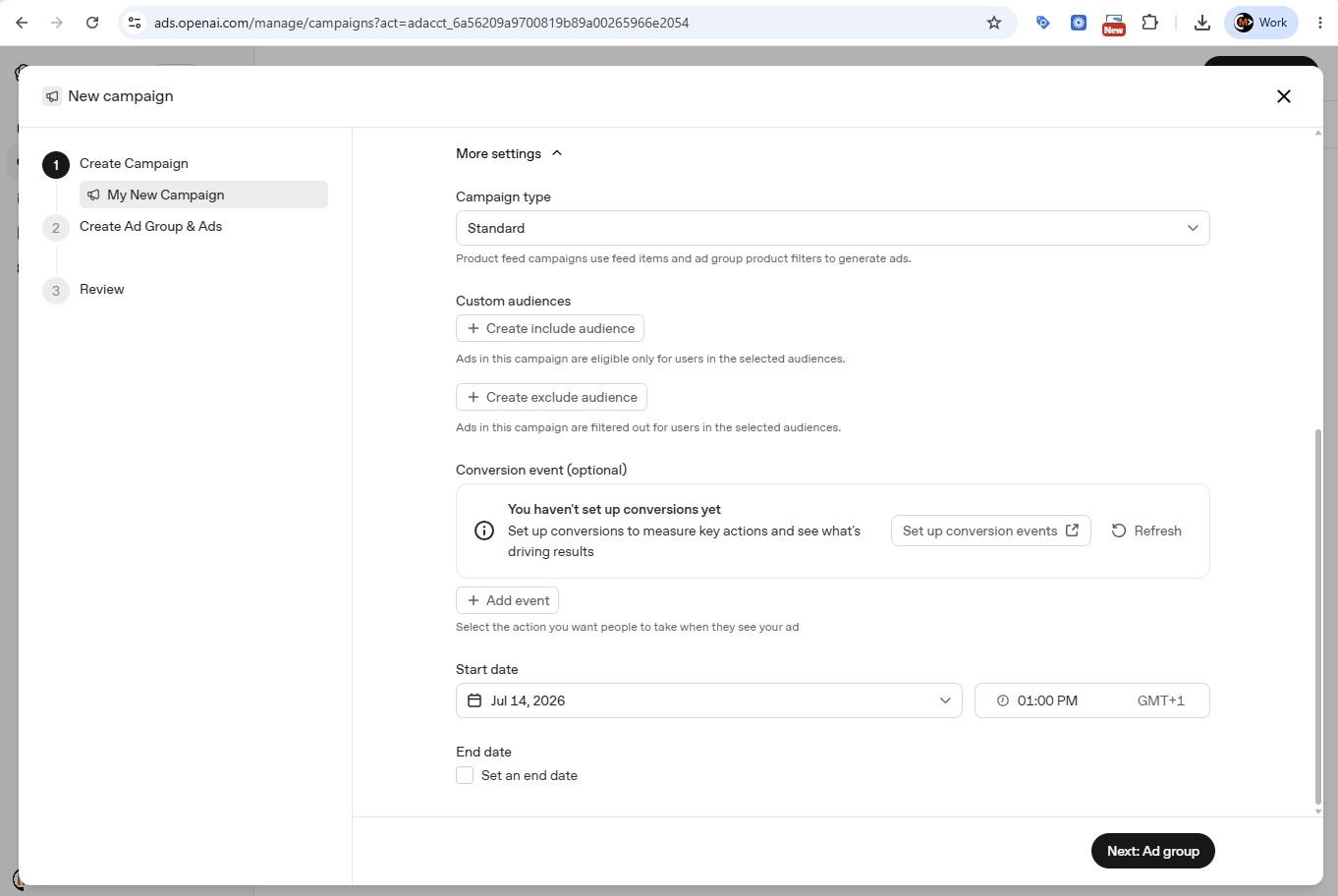 The campaign advanced settings showing Standard versus Product feed campaign types, custom audience options, and optional conversion event linking