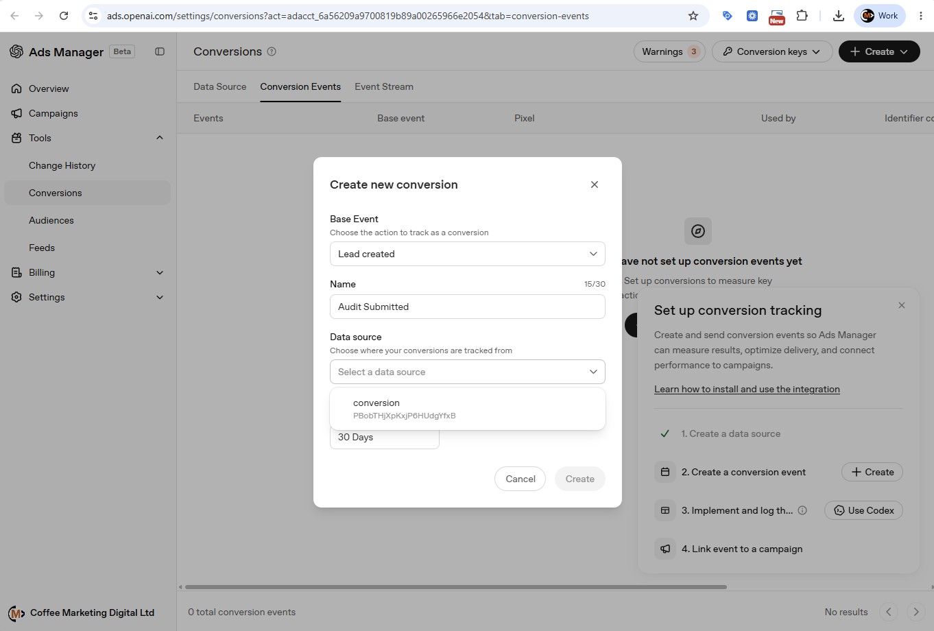 The Create Conversion screen, mapping a base event to a named conversion with a 30-day attribution window