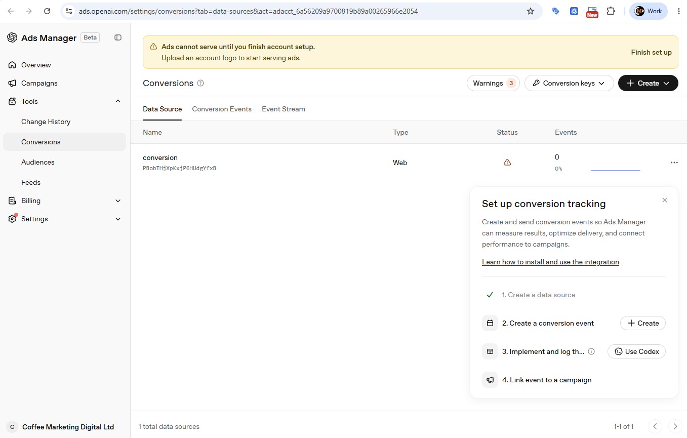 The OpenAI Ads Manager badged Beta, showing the conversion tracking setup checklist and a warning that ads cannot serve until account setup is complete