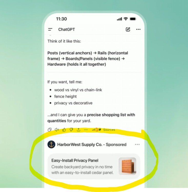 A ChatGPT conversation on a phone: directly beneath the assistant's answer sits a clearly labelled HarborWest Supply Co Sponsored ad unit for an Easy-Install Privacy Panel, showing the advertiser name, product title, a line of copy and a product image