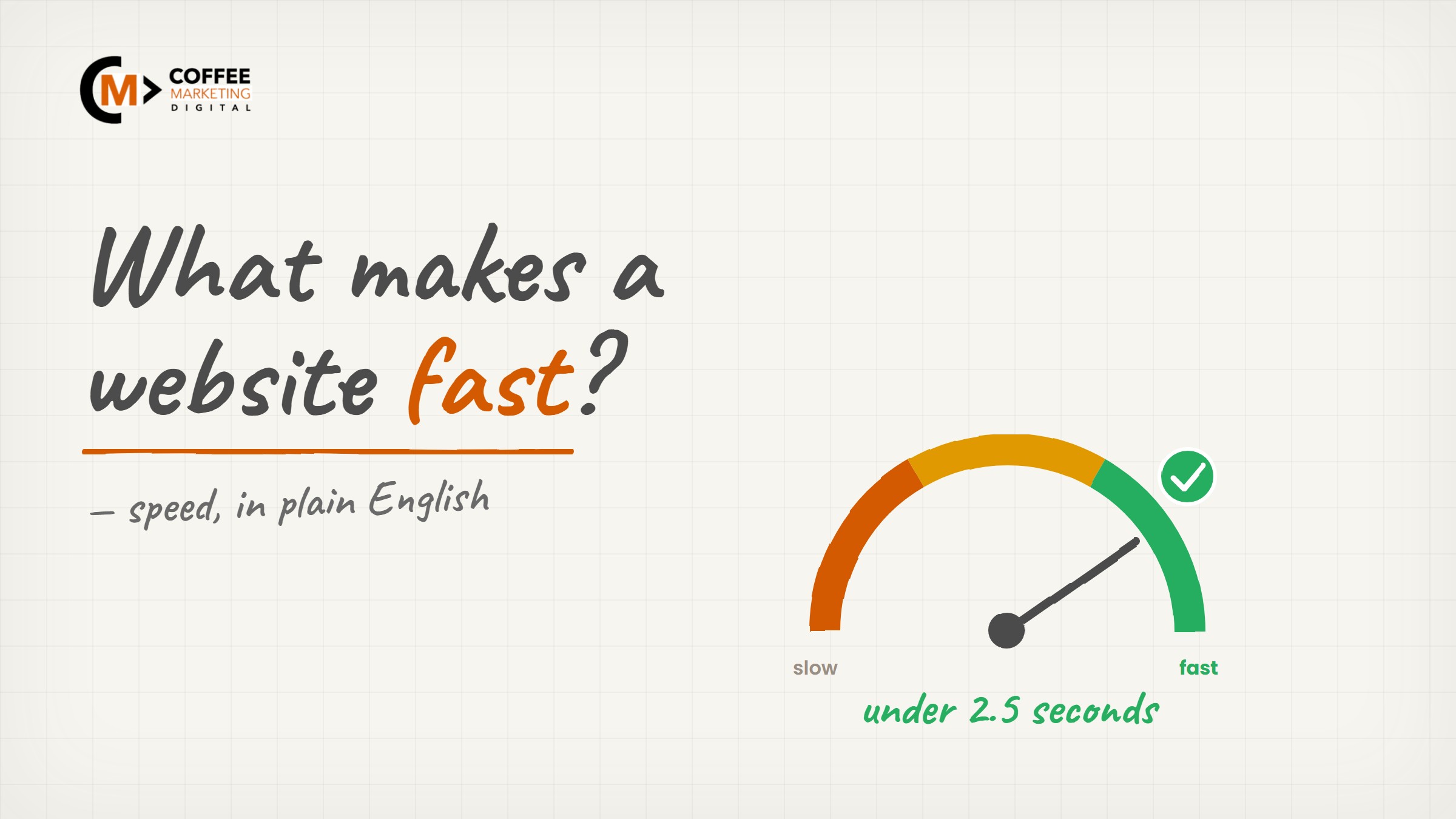 Whiteboard sketch of a website speed gauge in the green with a loading bar and a stopwatch