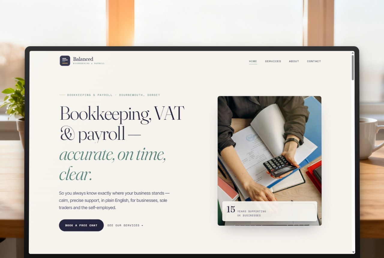 The Balanced Bookkeeping & Payroll website, designed and built by Coffee Marketing Digital, shown on a desktop computer